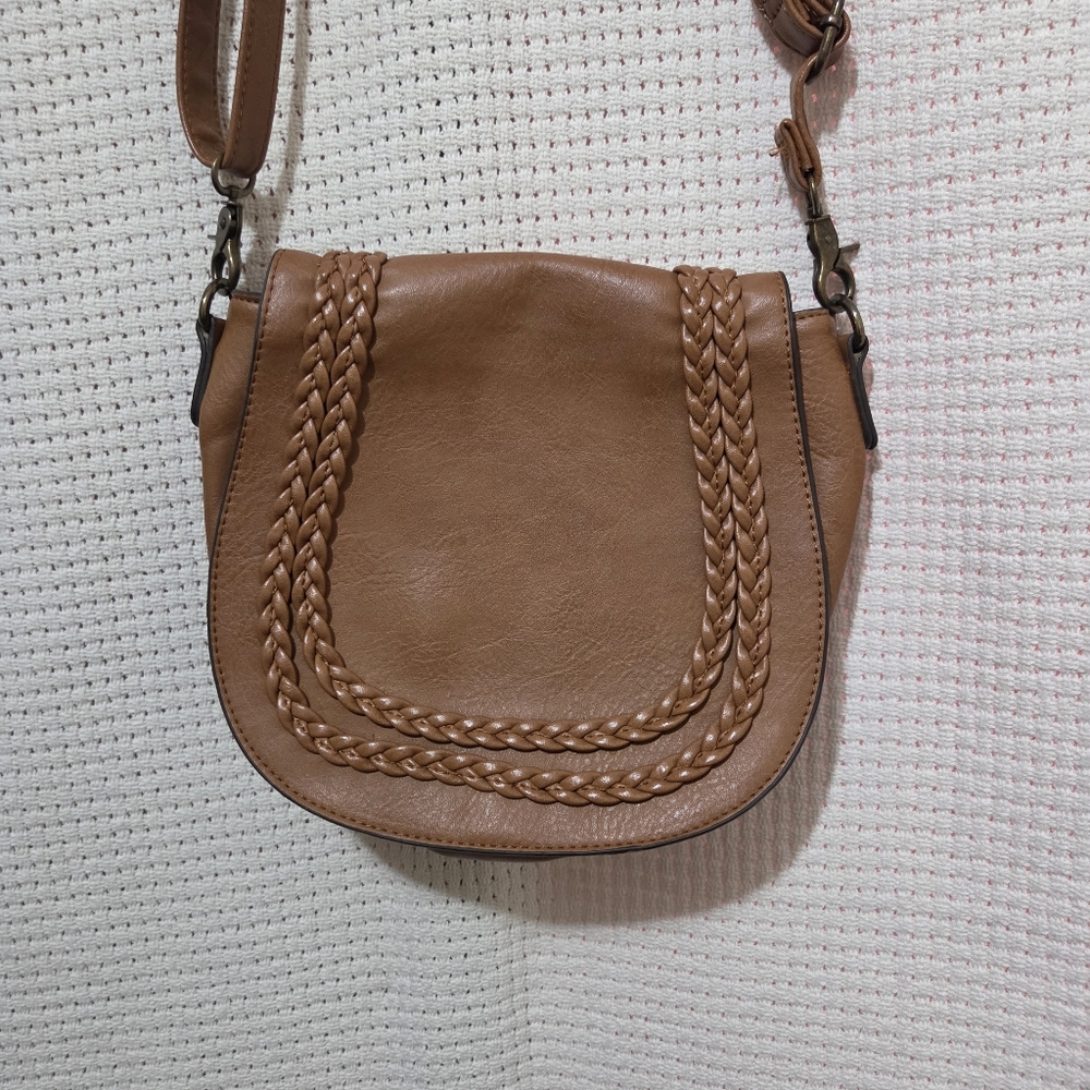 Brown Braided Women's Fold Over Crossbody Bag